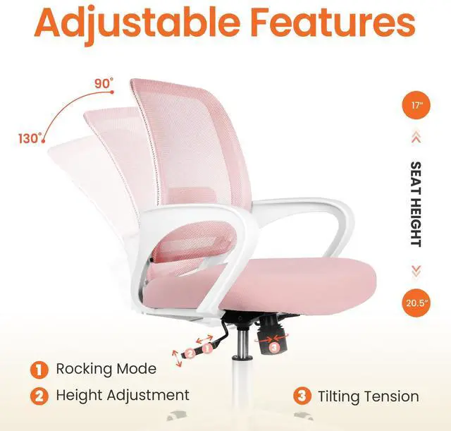 Alt view image 4 of 6 - Office Desk Ergonomic Mesh Computer Chair with Lumbar Support Adjustable Height Swivel Rolling Wheels Comfy Mid Back Task Chair for Home Bedroom Vanity Study (Pastel Pink)