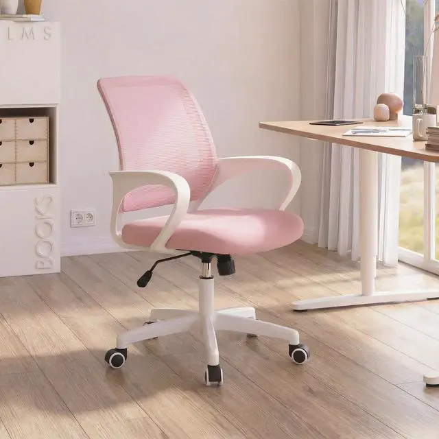 Alt view image 6 of 6 - Office Desk Ergonomic Mesh Computer Chair with Lumbar Support Adjustable Height Swivel Rolling Wheels Comfy Mid Back Task Chair for Home Bedroom Vanity Study (Pastel Pink)