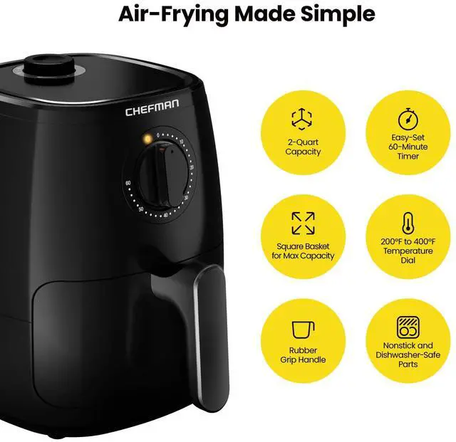 Alt view image 2 of 7 - TurboFry 2-Quart Air Fryer, Dishwasher Safe Basket & Tray, Use Little to No Oil For Healthy Food, 60 Minute Timer, Fry Healthier Meals Fast, Heat And Power Indicator Light, Temp Control, Black