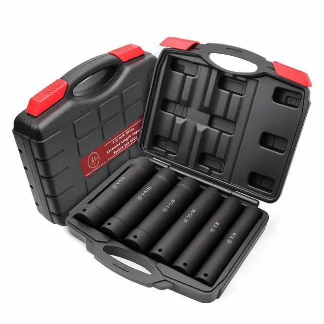 Main image of 1/2 Inch Drive Extra Deep Long Socket Set, 6PCS Extended Length Impact Socket Set Contains Sizes 3/4", 7/8", 15/16", 1-1/16", 1-1/8", 1-1/4", Specifically Designed for High Torque Applications