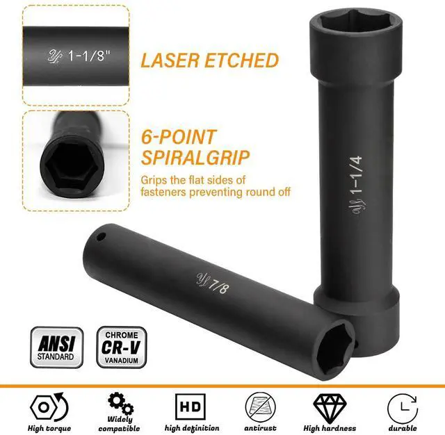 Alt view image 3 of 6 - 1/2 Inch Drive Extra Deep Long Socket Set, 6PCS Extended Length Impact Socket Set Contains Sizes 3/4", 7/8", 15/16", 1-1/16", 1-1/8", 1-1/4", Specifically Designed for High Torque Applications