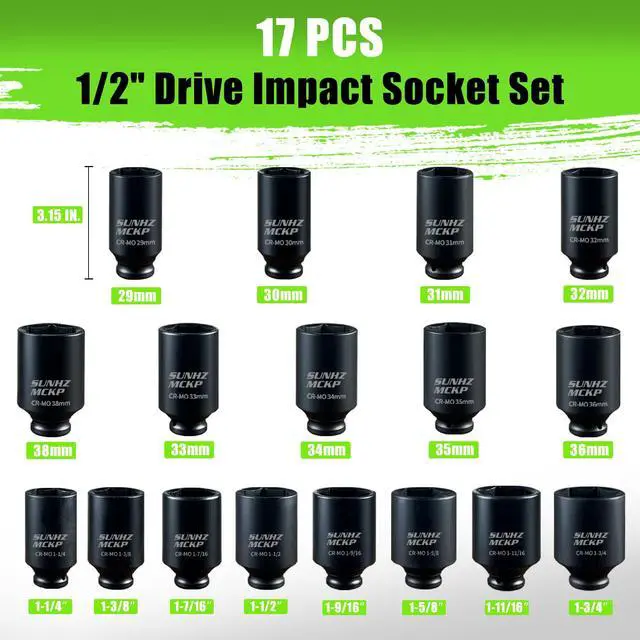 Alt view image 2 of 7 - 1/2" Drive Deep Impact Socket Set 17-Piece, Spindle 6 Point Axle Nut Sockets Set, Standard SAE (1-1/4-Inch to 1-3/4-Inch) and Metric (29mm - 38mm) Large Socket, CR-MO, Impact Grade