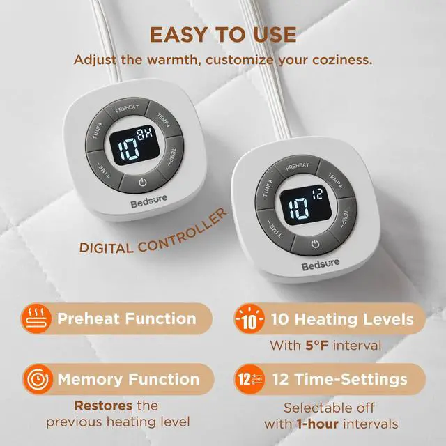 Alt view image 2 of 7 - Heated Mattress Pad Queen - Bed Warmer with Memory & Preheat Functions, 12-Hour Auto Off & 10 Heat Settings, Dual Controllers, Fast Heating, Brushed Electric Mattress Pad Queen, 60"x80"