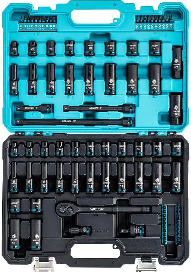 Main image of 3/8 Socket Set 90PCS, SAE(5/16-3/4") & Metric(7-19MM) Impact Socket Set, Cr-V Impact Driver Socket, Deep&Shallow, Extension Bars, Ratchet Handle, Screwdriver Bits, Spark Plug Sockets, Adapter