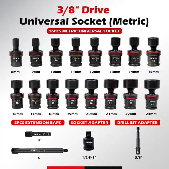 Main image of 3/8" Drive Universal Impact Socket Set, 20 Piece Swivel Socket Set, Universal Joint Socket 6-Point, Metric, 8-22mm, Cr-Mo,with Extension Bars, Socket Adapter, Drill Bit Adapter