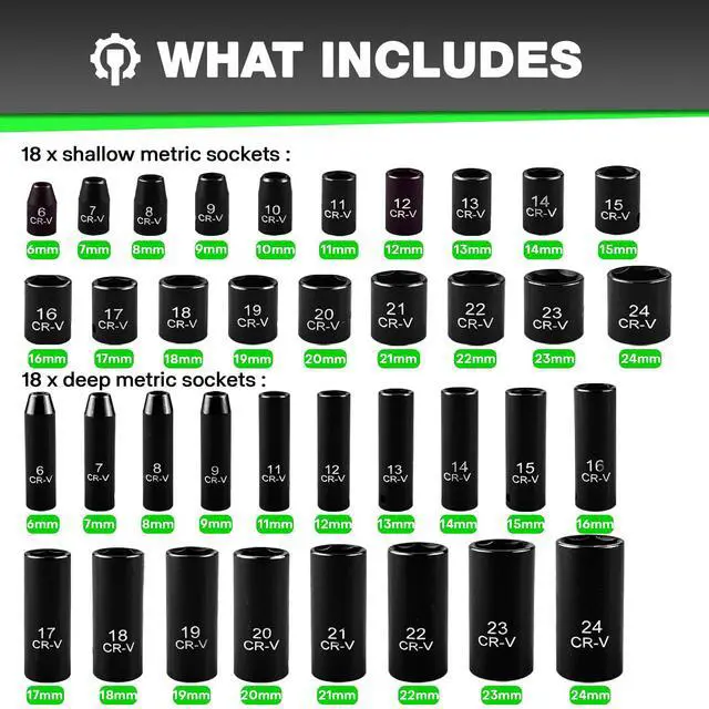 Alt view image 2 of 7 - 3/8" Drive Impact Socket Set 64-Piece, Deep & Shallow SAE (5/16"-1") & Metric (6-24mm), with 3/8-Inch Ratchet Handle, 6 Points,Cr-V, Extension Bars, Universal Joint, Gift for Men