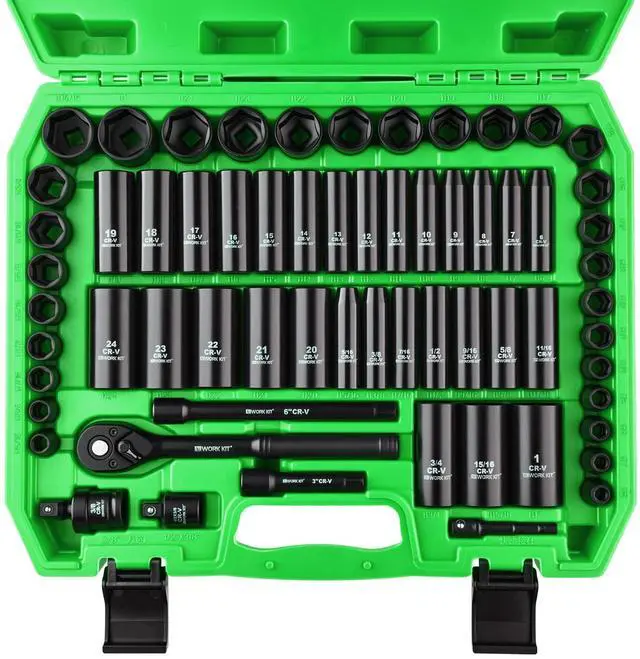 Main image of 3/8" Drive Impact Socket Set 64-Piece, Deep & Shallow SAE (5/16"-1") & Metric (6-24mm), with 3/8-Inch Ratchet Handle, 6 Points,Cr-V, Extension Bars, Universal Joint, Gift for Men