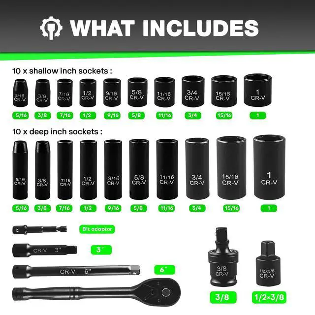 Alt view image 3 of 7 - 3/8" Drive Impact Socket Set 64-Piece, Deep & Shallow SAE (5/16"-1") & Metric (6-24mm), with 3/8-Inch Ratchet Handle, 6 Points,Cr-V, Extension Bars, Universal Joint, Gift for Men