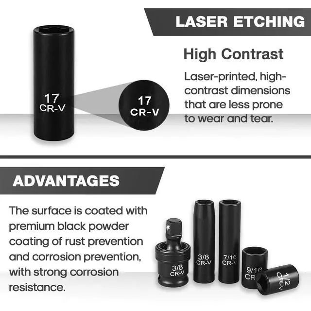 Alt view image 5 of 7 - 3/8" Drive Impact Socket Set 64-Piece, Deep & Shallow SAE (5/16"-1") & Metric (6-24mm), with 3/8-Inch Ratchet Handle, 6 Points,Cr-V, Extension Bars, Universal Joint, Gift for Men