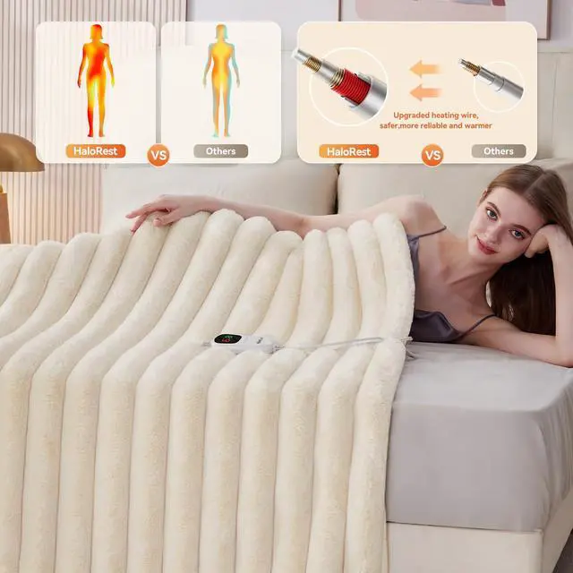 Alt view image 2 of 7 - Heated Throw Blanket, Faux Fur Cozy Heating Blanket with Overheat Protection, 1/2/4/6/8 Hours Auto-Off 10 Heat Level, Machine Washable (50x60 Inches, Cream White)