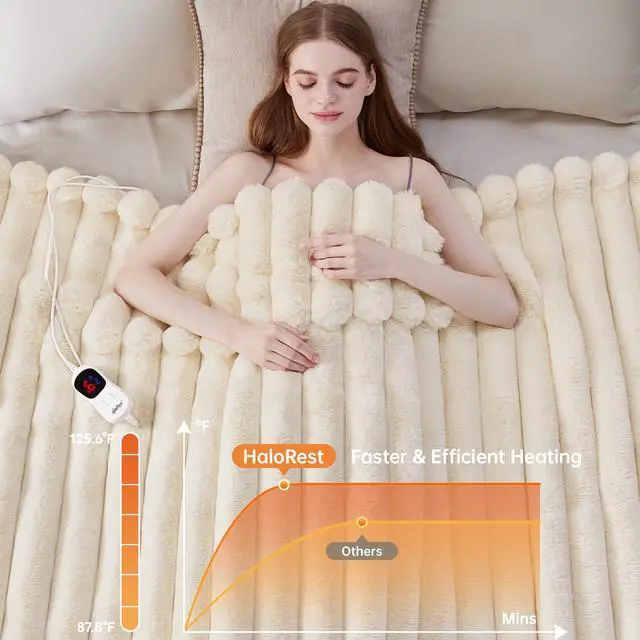 Alt view image 4 of 7 - Heated Throw Blanket, Faux Fur Cozy Heating Blanket with Overheat Protection, 1/2/4/6/8 Hours Auto-Off 10 Heat Level, Machine Washable (50x60 Inches, Cream White)