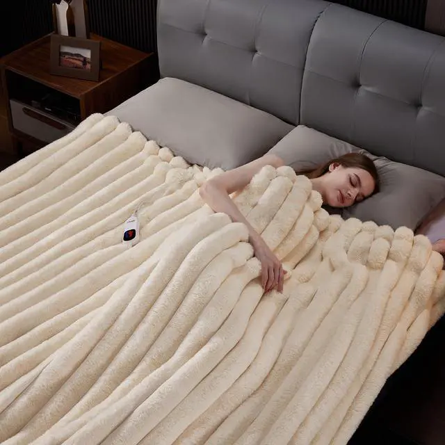 Alt view image 6 of 7 - Heated Throw Blanket, Faux Fur Cozy Heating Blanket with Overheat Protection, 1/2/4/6/8 Hours Auto-Off 10 Heat Level, Machine Washable (50x60 Inches, Cream White)