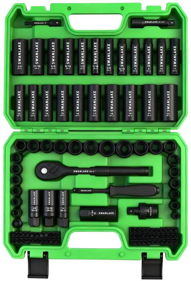 Main image of 105-Piece 3/8" Drive Impact Socket Set, SAE (5/16 to 3/4 inch) and Metric (8-22mm) 6 Point CR-V Steel Socket Wrench Set, Extension Bars, Universal Joint, Ratchet Handle, Screwdriver Bit Mechanic Tool