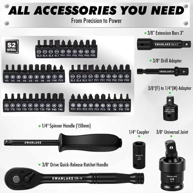 Alt view image 3 of 7 - 105-Piece 3/8" Drive Impact Socket Set, SAE (5/16 to 3/4 inch) and Metric (8-22mm) 6 Point CR-V Steel Socket Wrench Set, Extension Bars, Universal Joint, Ratchet Handle, Screwdriver Bit Mechanic Tool