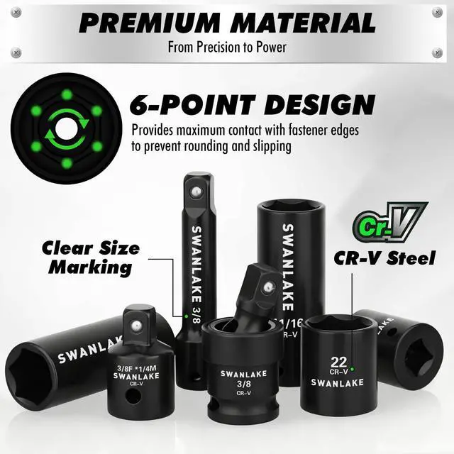 Alt view image 4 of 7 - 105-Piece 3/8" Drive Impact Socket Set, SAE (5/16 to 3/4 inch) and Metric (8-22mm) 6 Point CR-V Steel Socket Wrench Set, Extension Bars, Universal Joint, Ratchet Handle, Screwdriver Bit Mechanic Tool