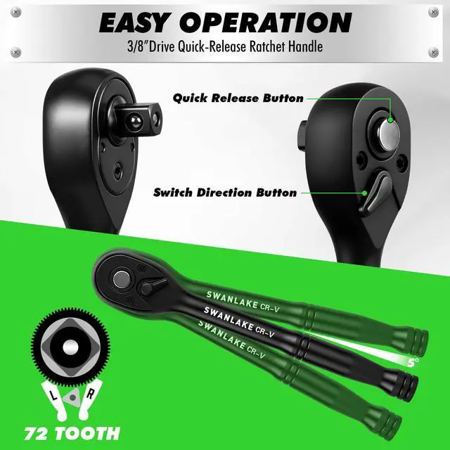 Alt view image 5 of 7 - 105-Piece 3/8" Drive Impact Socket Set, SAE (5/16 to 3/4 inch) and Metric (8-22mm) 6 Point CR-V Steel Socket Wrench Set, Extension Bars, Universal Joint, Ratchet Handle, Screwdriver Bit Mechanic Tool