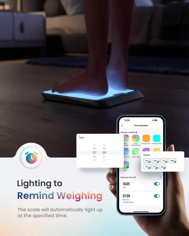 Alt view image 3 of 5 - Smart Scale for Body Weight, BMI, Body Fat, Muscle Mass, Bluetooth Wi-Fi Rechargeable Scale, RGB Lighting Color Changing Scale, Sync with Fitness App, Chroma Aspire