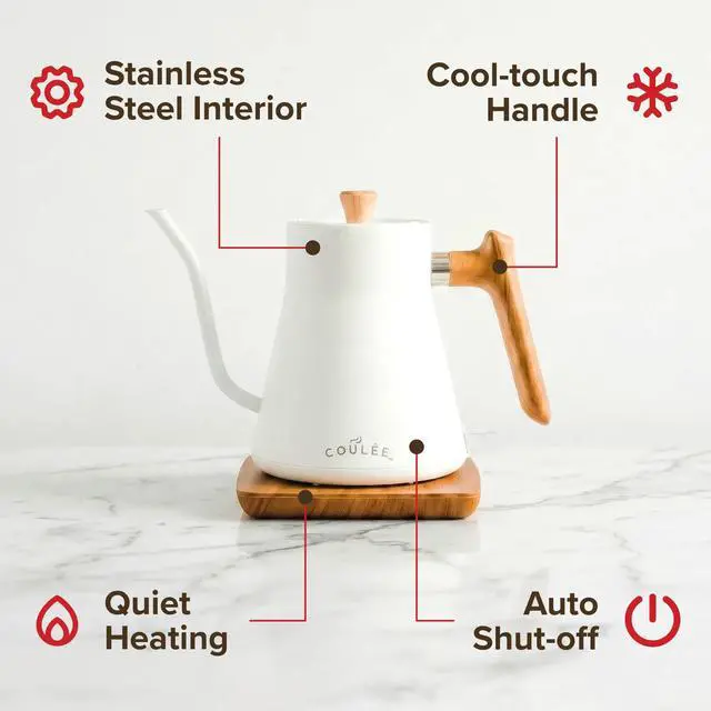 Alt view image 3 of 7 - Coffee Gooseneck Kettle, Stainless Steel Interior, Electric Kettle for Boiling Water, Pour Hot Water Over Coffee, Tea, or Matcha, Electric Boiler, Heat Resistant Ergonomic Handle, White