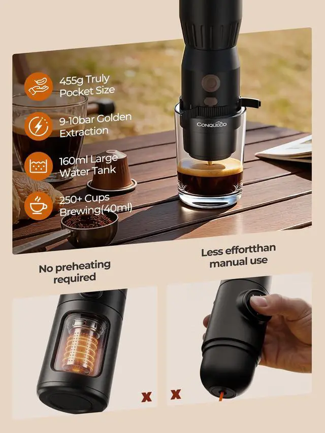 Alt view image 2 of 6 - Portable Handheld Electric Espresso Machine, Ultra Light Compact Coffee Maker for Hot Water, 160ML Large Water Tank, 2300mAh Battery, Unique Bracket Fast Brewing for NS Capsules, Travel/Camping/Office