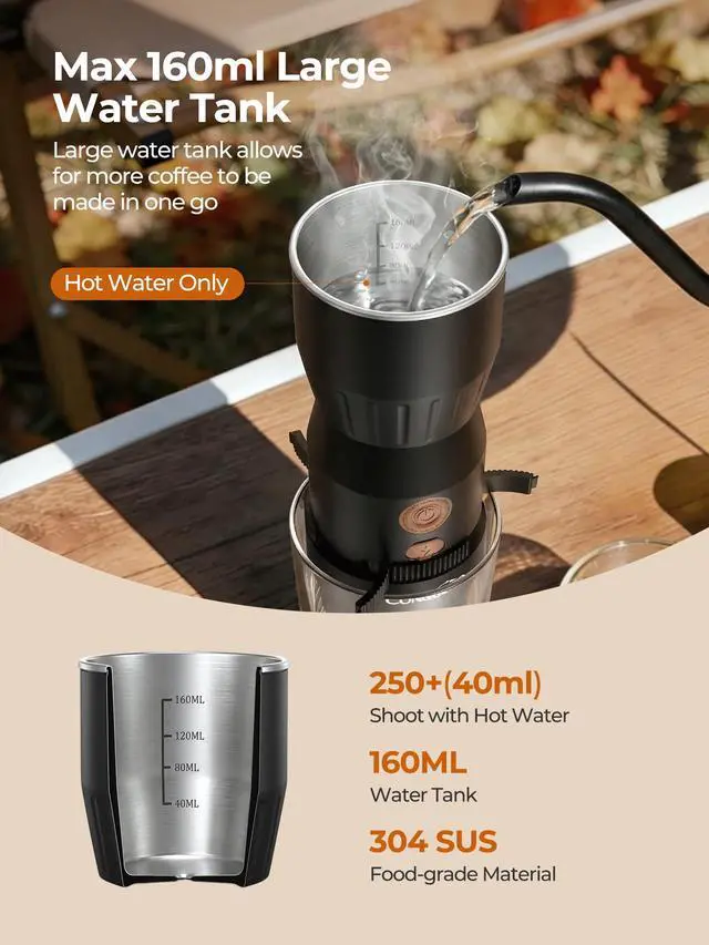 Alt view image 3 of 6 - Portable Handheld Electric Espresso Machine, Ultra Light Compact Coffee Maker for Hot Water, 160ML Large Water Tank, 2300mAh Battery, Unique Bracket Fast Brewing for NS Capsules, Travel/Camping/Office