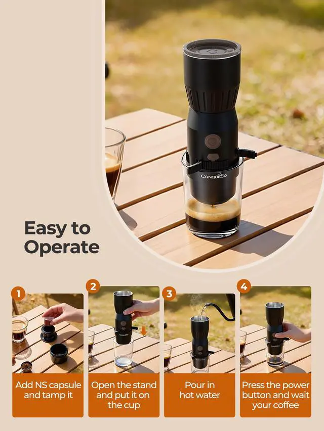 Alt view image 5 of 6 - Portable Handheld Electric Espresso Machine, Ultra Light Compact Coffee Maker for Hot Water, 160ML Large Water Tank, 2300mAh Battery, Unique Bracket Fast Brewing for NS Capsules, Travel/Camping/Office