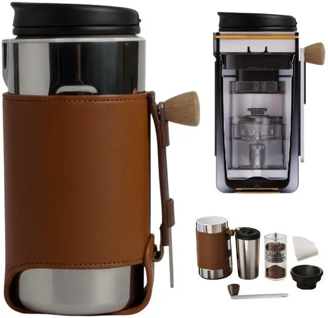 Main image of Portable Pour Over Coffee Maker with Grinder, Manual 4-in-1 Coffee Maker Kit for Travel & Camping, No Batteries, No Cables, No Pods, Stainless Steel
