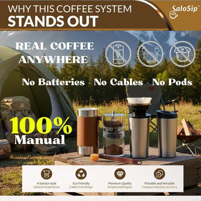 Alt view image 2 of 7 - Portable Pour Over Coffee Maker with Grinder, Manual 4-in-1 Coffee Maker Kit for Travel & Camping, No Batteries, No Cables, No Pods, Stainless Steel