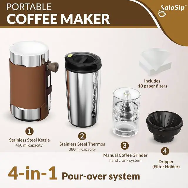Alt view image 4 of 7 - Portable Pour Over Coffee Maker with Grinder, Manual 4-in-1 Coffee Maker Kit for Travel & Camping, No Batteries, No Cables, No Pods, Stainless Steel