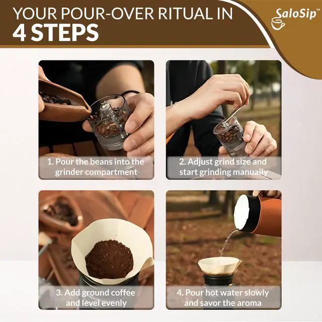 Alt view image 3 of 7 - Portable Pour Over Coffee Maker with Grinder, Manual 4-in-1 Coffee Maker Kit for Travel & Camping, No Batteries, No Cables, No Pods, Stainless Steel