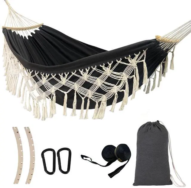 Main image of Hammock Hanging Swing Double Max 500lbs Macrame for Indoor Outdoor Patio Yard Garden (Black Gray)