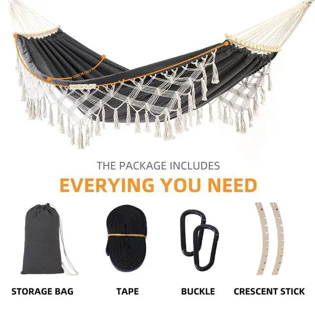 Alt view image 2 of 7 - Hammock Hanging Swing Double Max 500lbs Macrame for Indoor Outdoor Patio Yard Garden (Black Gray)