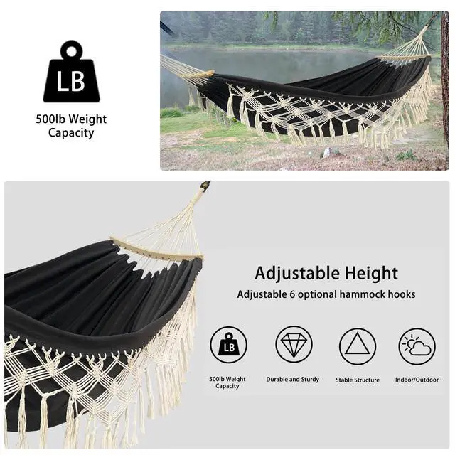 Alt view image 4 of 7 - Hammock Hanging Swing Double Max 500lbs Macrame for Indoor Outdoor Patio Yard Garden (Black Gray)