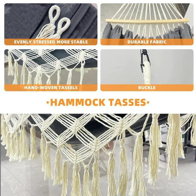 Alt view image 3 of 7 - Hammock Hanging Swing Double Max 500lbs Macrame for Indoor Outdoor Patio Yard Garden (Black Gray)