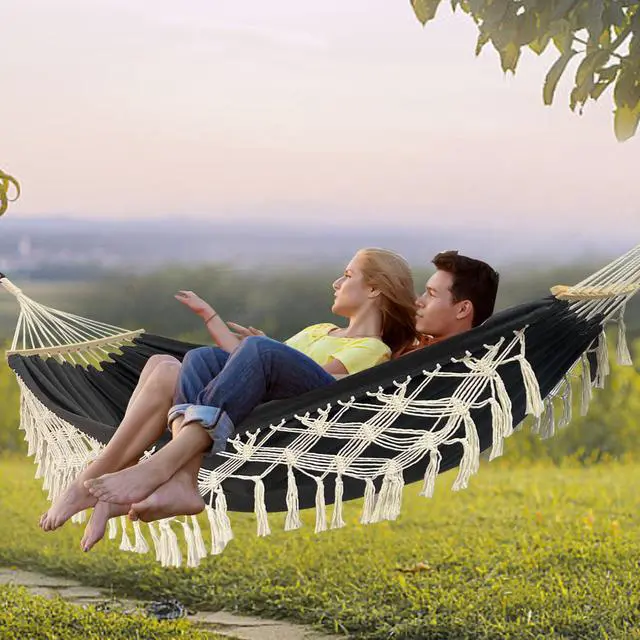 Alt view image 7 of 7 - Hammock Hanging Swing Double Max 500lbs Macrame for Indoor Outdoor Patio Yard Garden (Black Gray)