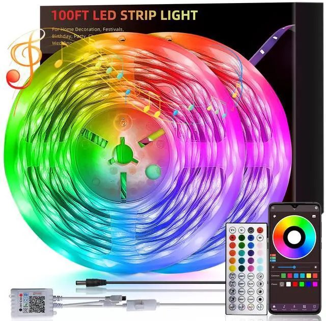Main image of 100ft Led Lights for Bedroom, Led Strip Lights Music Sync Corlor Changing, Led Light Strip with Remote & App Control RGB Strip, Led Lights for Room Dorm Home Classroom Ceiling Decor