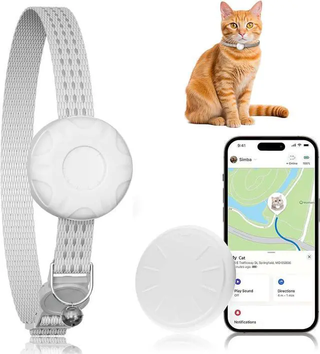 Main image of Smart Cat GPS Tracker, Compatible with Apple Find My App (Only iOS), No Monthly Fee, Waterproof (White Tracker, White Cat Collar)