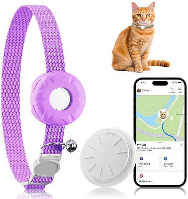 Main image of Cat Tracker, GPS Tracker, Compatible with Apple Find My App(Only iOS), Waterproof Cat Tracker Collar with Bell and Safety Elastic Buckle, No Monthly Subscription Fee, Up to 1-Year Battery, Purple