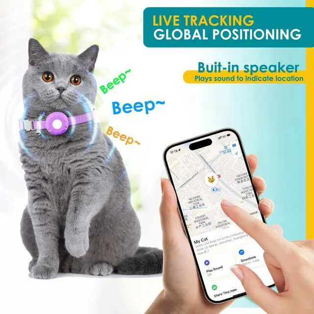 Alt view image 3 of 7 - Cat Tracker, GPS Tracker, Compatible with Apple Find My App(Only iOS), Waterproof Cat Tracker Collar with Bell and Safety Elastic Buckle, No Monthly Subscription Fee, Up to 1-Year Battery, Purple