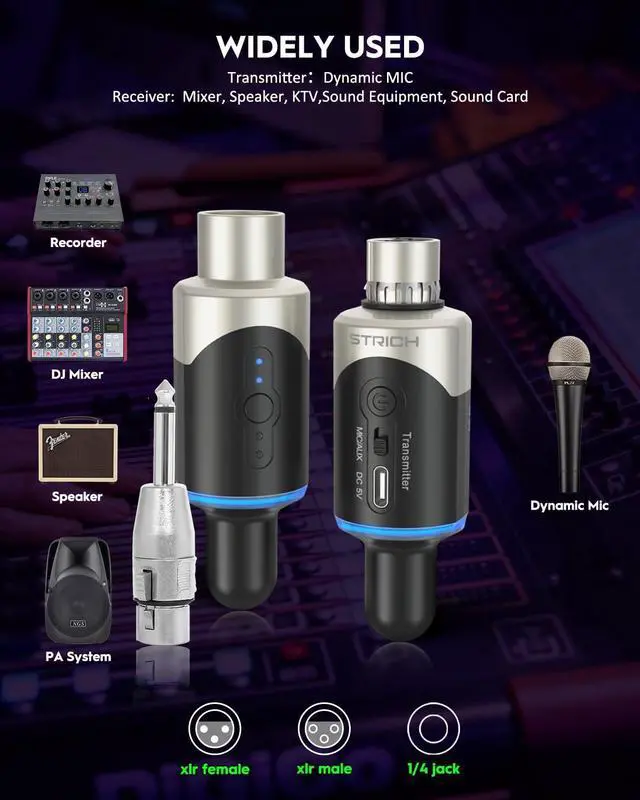 Alt view image 4 of 7 - M5 UHF Wireless XLR Microphone System, 4-Channel Transmitter & Receiver for Dynamic Mic, 200ft Range, 1ms Latency, Compatible with Audio Mixer/PA Speaker