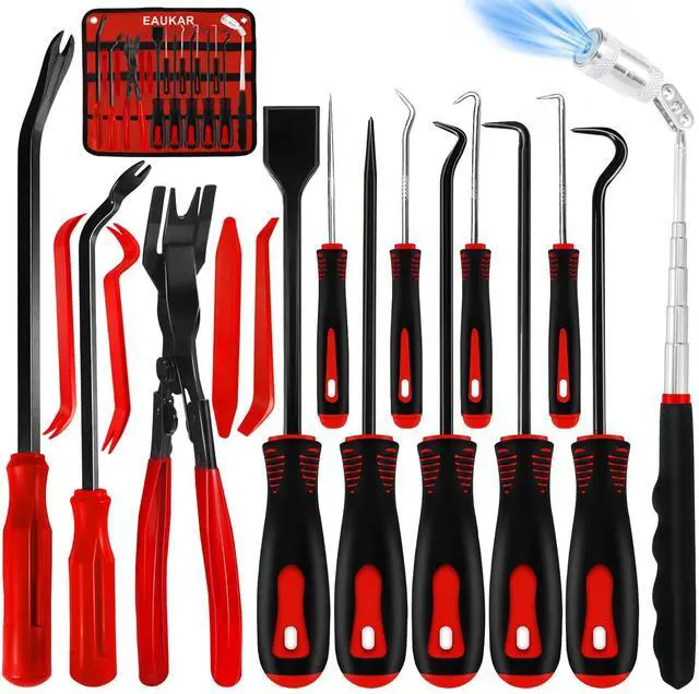 Main image of 17Pcs Hook and Pick Tool Set with Scraper Auto Clip Removal Plier Fastener Remover Rivets Puller Mechanic Car Trim Removal Tool Kit Gasket Telescoping Magnetic Pickup Hand Automotive Tools (Red)