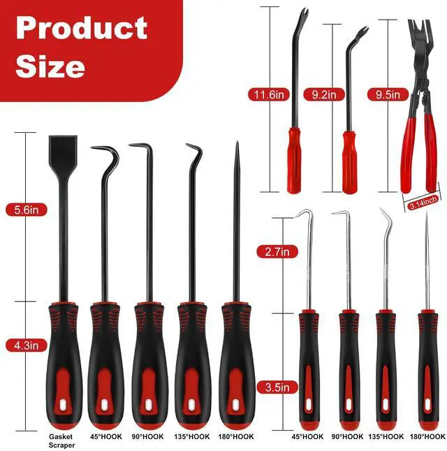 Alt view image 2 of 7 - 17Pcs Hook and Pick Tool Set with Scraper Auto Clip Removal Plier Fastener Remover Rivets Puller Mechanic Car Trim Removal Tool Kit Gasket Telescoping Magnetic Pickup Hand Automotive Tools (Red)