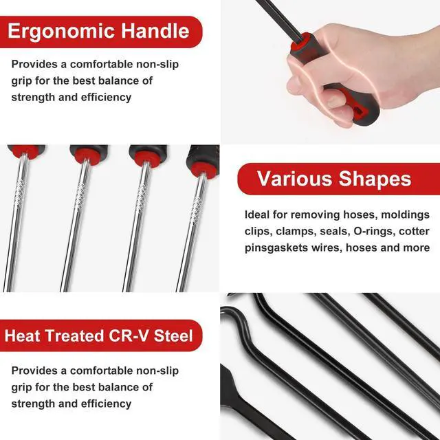 Alt view image 3 of 7 - 17Pcs Hook and Pick Tool Set with Scraper Auto Clip Removal Plier Fastener Remover Rivets Puller Mechanic Car Trim Removal Tool Kit Gasket Telescoping Magnetic Pickup Hand Automotive Tools (Red)