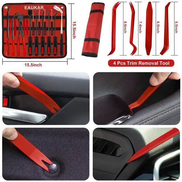 Alt view image 7 of 7 - 17Pcs Hook and Pick Tool Set with Scraper Auto Clip Removal Plier Fastener Remover Rivets Puller Mechanic Car Trim Removal Tool Kit Gasket Telescoping Magnetic Pickup Hand Automotive Tools (Red)