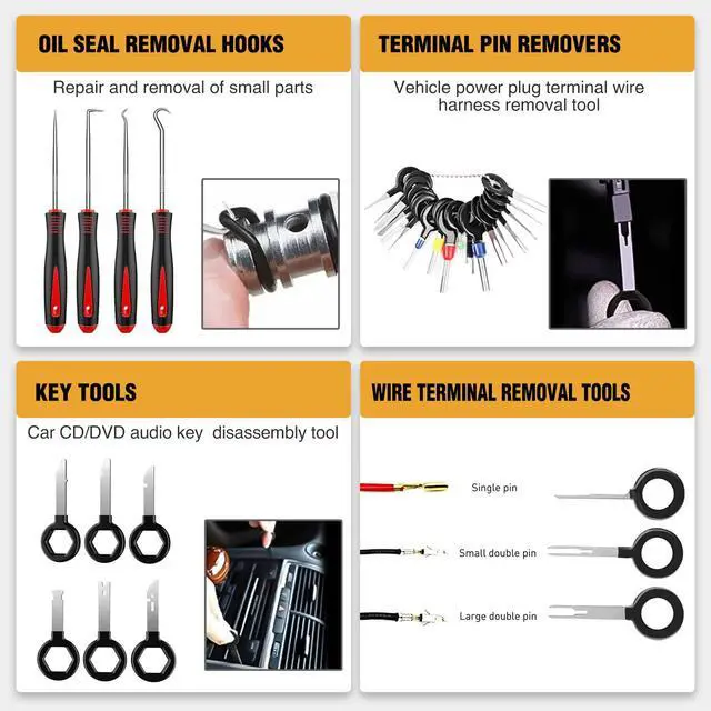 Alt view image 6 of 7 - 238Pcs Trim Removal Tool, Auto Push Pin Bumper Retainer Clip Set Fastener Terminal Remover Tool Adhesive Cable Clips Kit Car Panel Radio Removal Auto Clip Pliers, Black