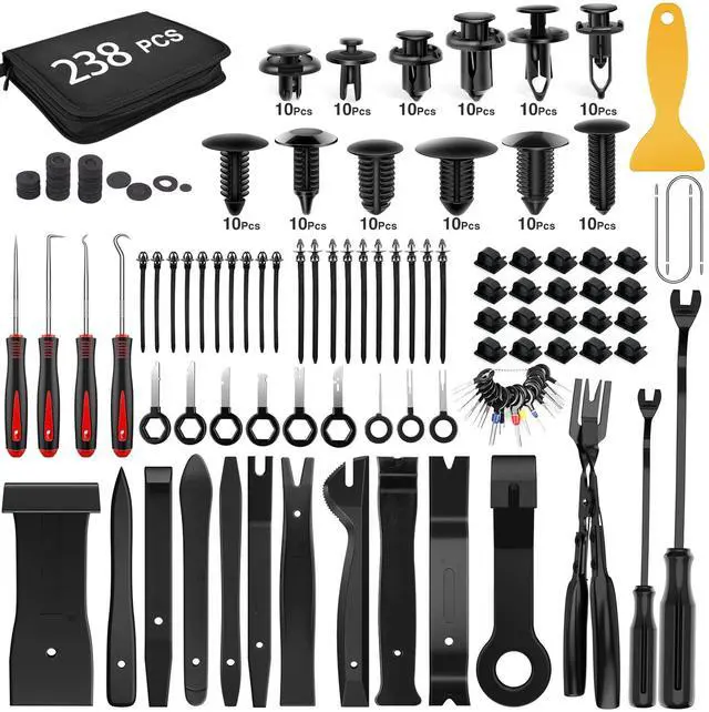 Main image of 238Pcs Trim Removal Tool, Auto Push Pin Bumper Retainer Clip Set Fastener Terminal Remover Tool Adhesive Cable Clips Kit Car Panel Radio Removal Auto Clip Pliers, Black