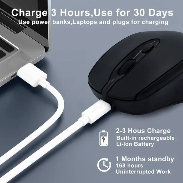 Alt view image 3 of 7 - Bluetooth Mouse,Rechargeable Wireless for Laptop/iPad/MacBook Pro/Air, Silent Mouse Portable Slim for Surface Pro/PC/Lenovo/Samsung Tablet (Black)