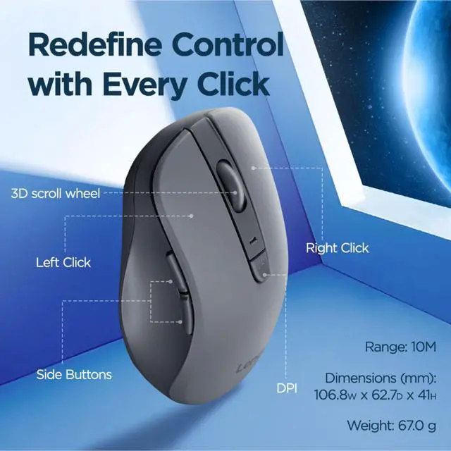 Alt view image 2 of 6 - WL310 Bluetooth Silent Mouse, Ergonomic, Adjustable DPI, Silent Clicks, Bluetooth 5.0, Portable for Windows, Mac, and Chromebook, Grey
