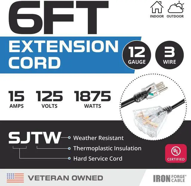 Alt view image 2 of 7 - Iron Forge Cable 12 Gauge Extension Cord with Multiple Outlets - Black Heavy Duty Extension Cord 6 ft - 12/3 SJTOW, 3 Prong Lighted Outlet Cords