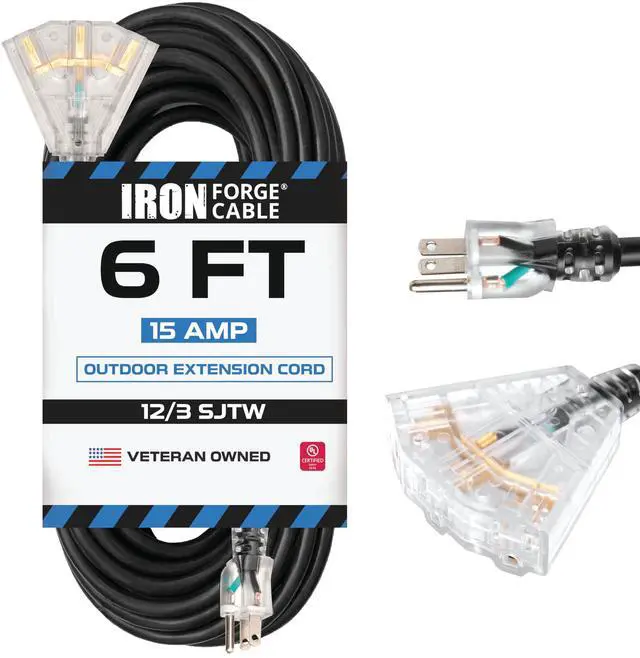 Main image of Iron Forge Cable 12 Gauge Extension Cord with Multiple Outlets - Black Heavy Duty Extension Cord 6 ft - 12/3 SJTOW, 3 Prong Lighted Outlet Cords