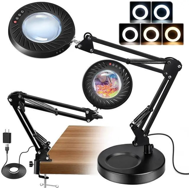 Main image of 12X Magnifying Glass with Light and Stand, 144 LED Real Glass Magnifying Desk Lamp with Base and Clamp, 5 Color Modes 9-Level Dimmable Lighted Magnifier Hands Free for Crafts Sewing Close Work